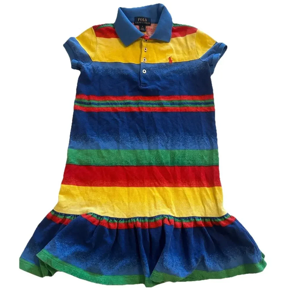 Polo Ralph Lauren Girls Size 6 Dress Multicolored Striped‎ Ruffle Cotton Casual